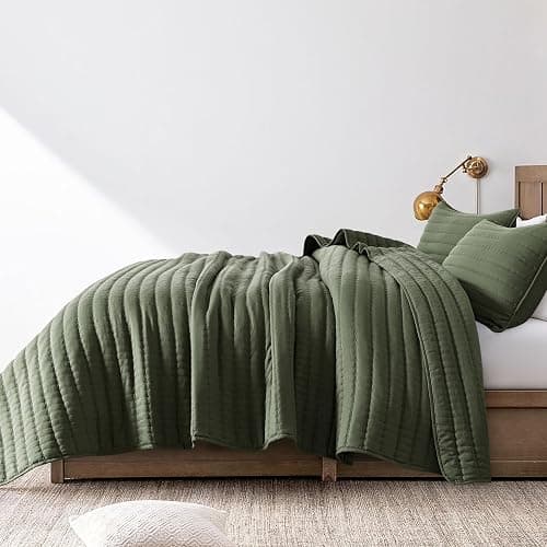 ROARINGWILD Olive Green King Size Quilt Set, Striped Pick Stitch Lightweight Bedspread, Soft Channel Farmhouse Rustic Coverlet, Spring Summer Thin Comforter, Country Bedding, 104x90 inches thumbnail 3