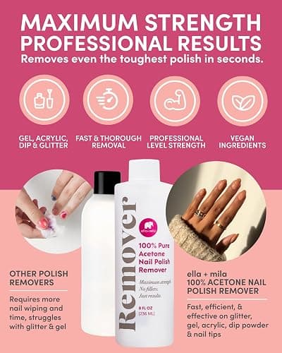 ella+mila 100% Pure Acetone Nail Polish Remover – Professional Strength Gel, Acrylic & Shellac Remover – Fingernail Polish Soak for Dip Powder, Glitter & Artificial Nails (8 fl oz) thumbnail 2