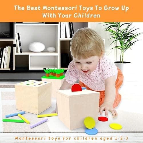 Adena Montessori 3 for 1 Wooden Montessori Play Kit Baby Toys,includes Matchstick Color Drop Game,Carrot Harvest Game and Coin Box,Learning Toy for Kid 1,2,3 Year Old,Girl Boy Gift for Baby 6-12 Month thumbnail 6