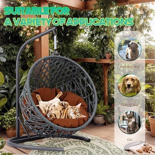 anwickjeff Cat Swing Bed with Steel Stand - Egg Chair with Rattan Wicker & Soft Cushion, Indoor Hanging Pet Bed for Kitten, Puppy, Small Dogs (Brown) thumbnail 5