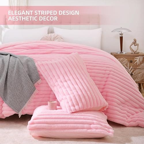 Smoofy Fluffy Queen Comforter Set 3 Pieces - Pink Fleece Fluffy Comforter Set, Luxury Fuzzy Queen Bedding Set, Soft Warm Bed Set All Season, Heavy Faux Fur Comforter with 2 Pillow Cases thumbnail 3