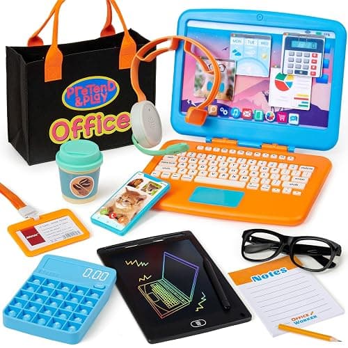 Cleboen Pretend Play Home Office Set for Kids — Toy Laptop Computer, LCD Writing Tablet, Pop Fidget Calculator, Phone, Headset, Glasses, Coffee Cup & Handbag, Birthday Gifts for Boys Girls Age 3-5-7 - Image 1