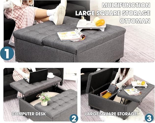 UTOASIS 35.5" Large Square Ottoman with Storage, Tufted Upholstered Storage Ottoman with Lift Top & Solid Legs for Bedroom Room, Extra Large Coffee Tables Bench for Living Room as Footstool (Grey) thumbnail 6