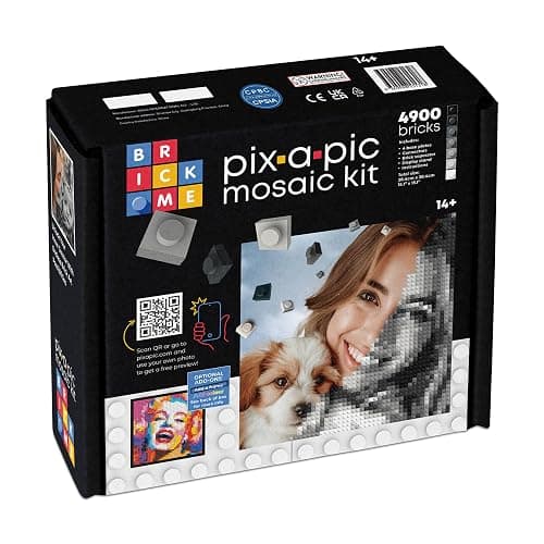 BRICK ME Pix-a-Pic Mosaic Kit, 4900 Bricks (15.1″ × 15.1″) | DIY Pixel Photo Mosaic with Shades of Gray, Black & White | Includes 4 Baseplates, Connector & Brick Separator - Image 1