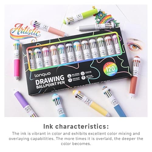 languo 120 Colors Multicolor Ballpoint Pens, 10-in-1 Colored Pen, 0.8mm Tip | 12 Pack, Retractable Colored Ballpoint Pen, Easy Color Switching, Smooth Ink Flow, Great for Drawing, Note-Taking, Journaling thumbnail 7