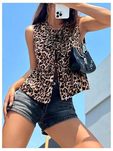 GORGLITTER Women's Cheetah Print Top Sleeveless Bow Tie Front Peplum Babydoll Vest Tops Going Out Blouse Shirt thumbnail 4