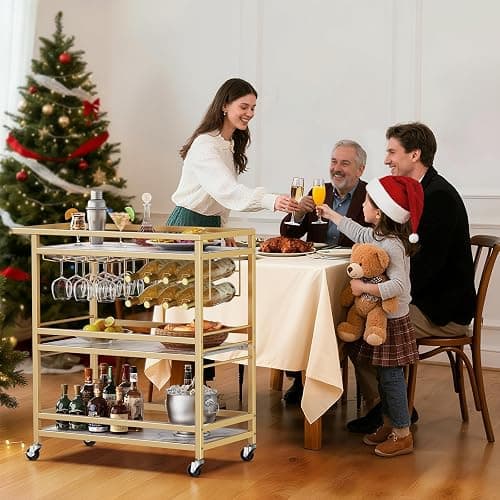Leteuke Bar Cart for Home, 3 Tier Gold Serving Rolling Carts with Wheels, Drink Cart, Liquor Stand with Marbled Wooden Shelves, Wine Rack and Glass Holder for Kitchen, Dining Room thumbnail 6