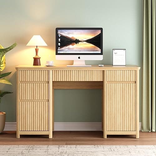 OneBlis 55" Fluted Executive Desk with Drawers & Charging Station, Large Wood Computer Desk with File Drawer and Storage Cabinet, Modern Home Office Desk with Power Outlets, Oak Wood thumbnail 3