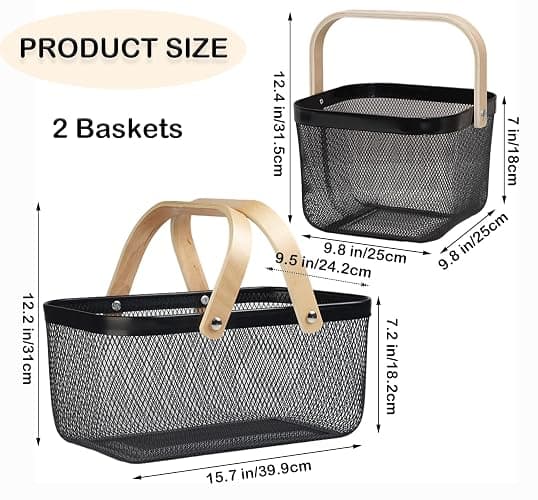Cheardia 2 Pack Picnic Baskets, Metal Mesh Harvest Basket with Foldable Wooden Handle, Rectangle Garden Storage Basket Bin for Vegetable Fruit Garden Kitchen Cabinet Picking Gathering thumbnail 3