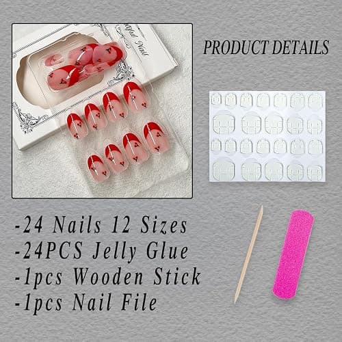 ROFIBUT Red French Tip Press on Nails Almond Short Fake Nails Cute Nude Pink Full Cover Glue on Nails with Red Cherry Glossy Artificial Stick on Nails Reusable Acrylic False Nail for Women Girls 24Pcs thumbnail 2