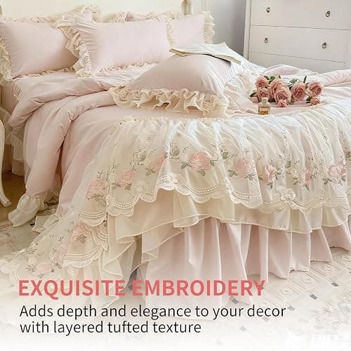 French Chic Bedding Set 4-Piece - Romantic Lace Trim Washed Cotton, Duvet Cover with Bed Skirt & Pillowcases for Queen Bed, Princess Style (Comforter Not Included) (Pink,Queen (U.S. Standard)) thumbnail 3