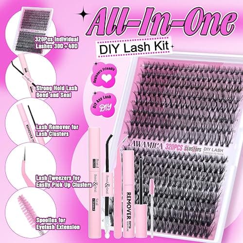 Yawamica DIY Lash Extension Kit 320pcs Individual Lashes Cluster, 9-16mm Mix 30D 40D Eyelash Clusters Wispy Lash Clusters Kit with Bond and Seal and Remover and Lash Applicator for Beginners thumbnail 2