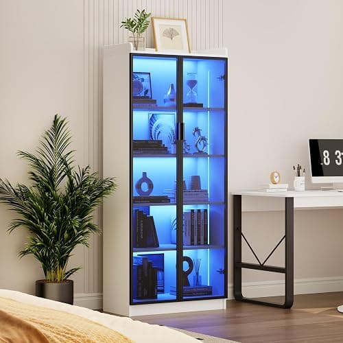 Display Cabinet with Doors and Adjustable Shelves, 65" Tall Bookcase with LED Lights/Human Sensor, 5 Tier Display Case for Collectibles Bedroom Living Room Office, White thumbnail 9