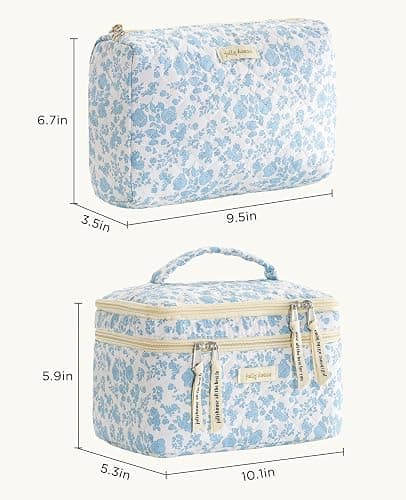 HBselect 2Pcs Travel Makeup Bag, Large Cotton Quilted Makeup Bag Cosmetic Bag Cute Make up Bag Toiletry Bags for Women Girls thumbnail 2