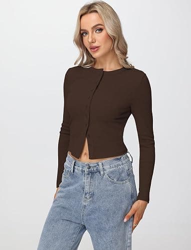 Matunana Womens Long Sleeve Tops Fall Lightweight Cardigan Cropped Going Out Shirts Ribbed Button Down Cute Trendy 2025 thumbnail 3