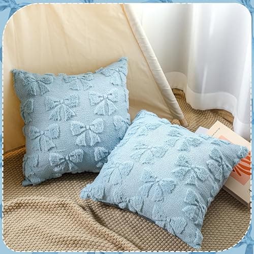 Mixweer Blue Bow Pillow Covers Set of 2 Preppy Room Decor Coquette Cute Spring Summer Decorative Faux Fur Soft Bowknot Stuff Fluffy Plush Aesthetic Pillowcase for Bed Sofa Couch (18 x 18 Inch) thumbnail 4