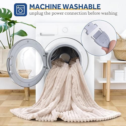 SEALY Electric Blanket Heated Throw, Soft Cozy Ribbed Flannel to Sherpa Reversible Safe Heating with 6 Heat Settings & 2-10 Hours Auto-Off Over-Heat Protection, Machine Washable, 50"x60" Beige thumbnail 7