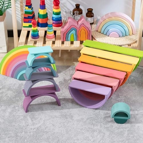 MERRYHEART Wooden Rainbow Stacking Toy, 12 Piece Multicolor Wooden Arch Stacker, Extra Large Pastel Bow Shaped Stacking Toy, Nesting Puzzle Building Blocks Educational Toys for Kids Toddlers thumbnail 6