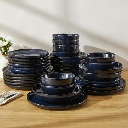 Pokini Stoneware Dinnerware Sets for 8, 32Pcs Ceramic Plates and Bowls Sets | Stoneware Dishware sets, Microwave & Dishwasher Safe, Cereal Bowls and Dinner Plates Set, Stackable Dishes Set, Starry Blue thumbnail 2