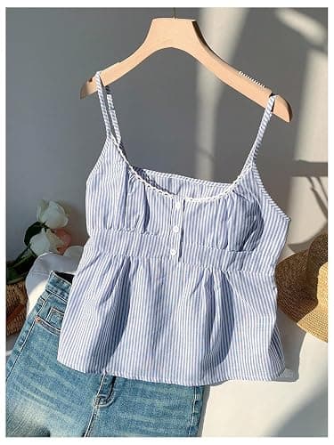 RoseSeek Women's Striped Button Front Flared Camisole Tops Shirred Spaghetti Strap Tank Top thumbnail 4