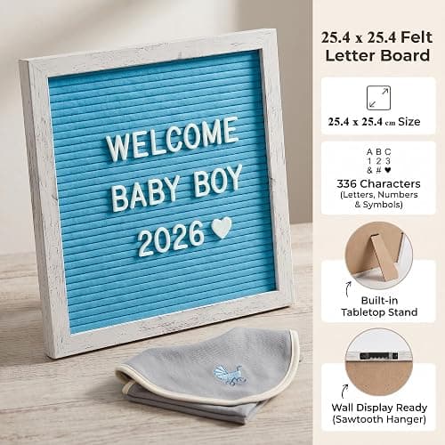 Rustic Blue Felt Letter Board 10x10 Inch for Baby Boy Announcements | 336 letters, numbers and symbols with a tabletop stand and wall hanger for newborn photos, milestones and birthdays thumbnail 6