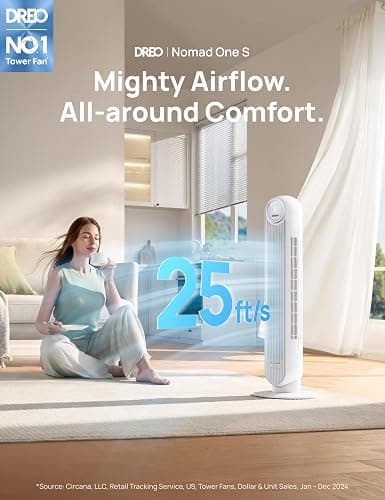 Dreo Tower Fan for Bedroom, 25ft/s Smart Standing Fans, 90° Oscillating Floor Fan with 4 Modes, 4 Speeds, 8H Timer, 28dB, Bladeless, Remote, 28 dB, Works with WiFi Voice Control thumbnail 2