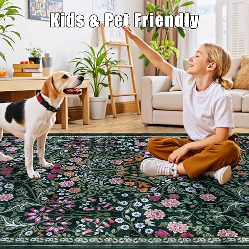 PLHXFR 8x10 Area Rug Living Room: Floral Washable Boho Carpet Dark Green | For Bedroom Dining Room Farmhouse Nursery Hallway,Vintage Floral,Machine washable,Non Slip,Stain Resistant,Large Indoor thumbnail 7