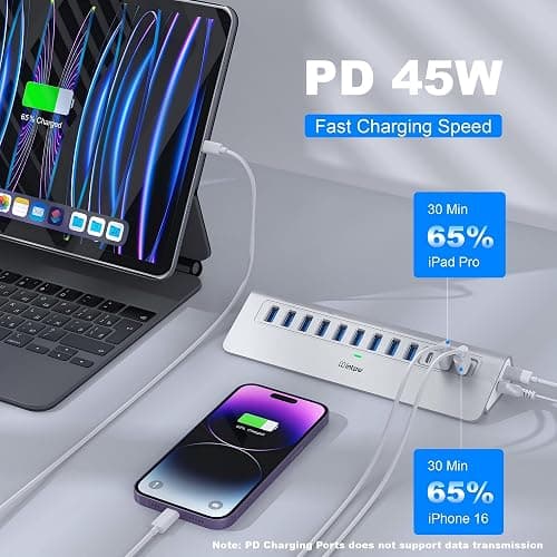 Powered USB Hub 10Gbps, intpw 12-Port USB 3.2 Hub with USB A/USB C 3.2, 7 USB 3.0, 2 PD 45W Charging Port, 65W Power Adapter and 5FT Cable, Aluminum USB Hub for Laptop, iPhone 17/16/15/PC thumbnail 5