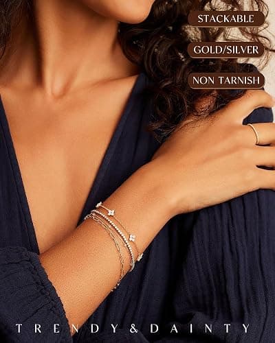 FUNEIA Dainty Silver Gold Bracelets for Women Trendy Non Tarnish 14K Gold Plated Waterproof Diamond Bracelets Cute Stackable Heart Butterfly Clover Cross Evil Eye Charm Bracelet Stack Jewelry Gifts thumbnail 3