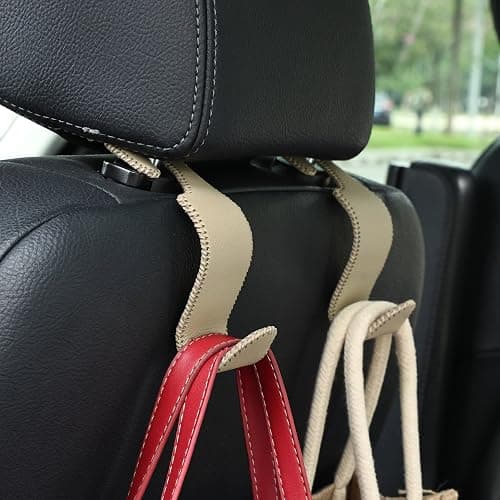 Car Seat Headrest Hook 55lb Heavy Duty Metal Hanger with Leather for Bags | Universal Fit car SUV Truck, Premium Microfiber Leather, Metal Core, Hang Purses Groceries Handbag Backpack, 2 Pack Beige thumbnail 7