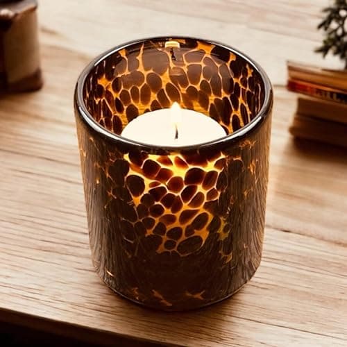 Hapton House Tortoise Shell Glass Candle Holder - Votive and Tealight Candle Holder - Leopard Print - Cheetah Print - Animal Print - Tortoiseshell - Candle Jar - Wedding - Holiday Decor - Small thumbnail 2