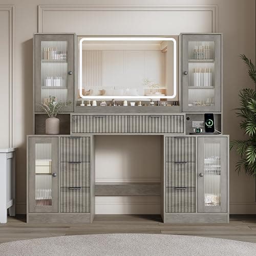 ANYMAPLE Fluted Vanity Desk with Mirror & Lights | 8 Drawers & 4 Cabinets, Tempered Glass Top, RGB Cabinet Lighting, 3-Color Dimmable Mirror, Charging Station thumbnail 7