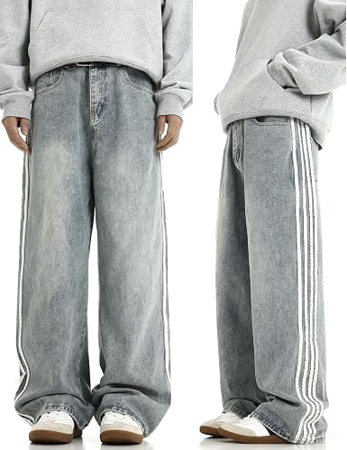 Mens Baggy Denim Jeans Casual Striped Pants Straight Wide Leg Jeans Oversized Hip Hop Pants Vintage Skater Track Jeans thumbnail 6
