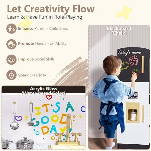 Kinder King Wooden Kids Play Kitchen, Toy Kitchen Playset for Toddler, Play Kitchen Set w/Blackboard, Transparent Coloring Board, Pretend Dishwasher, Oven, Ice Maker, Gift for Boys Girls Age 3+, Black thumbnail 4