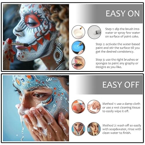 White Green Purple Face Body Paint, Face Painting Kit with Brushes for Beetlejuice & Frankenstein Halloween Makeup, Facepaints for Witch Ursula Maleficent Costume Cosplay & Monster Skeleton SFX Makeup thumbnail 8