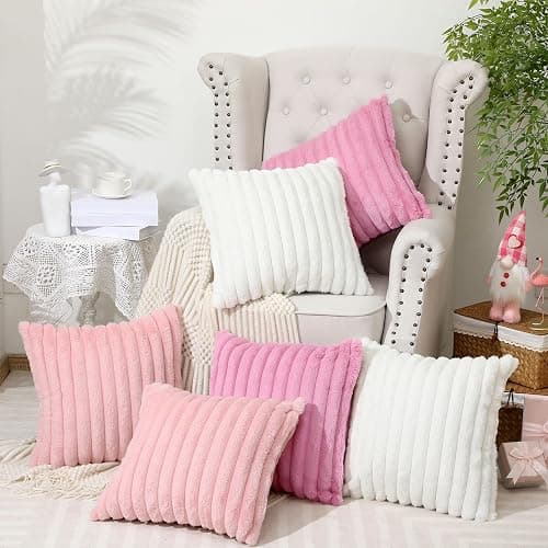 Mixweer 6 Pcs Back to School Faux Fur Plush Throw Pillow Covers 18x18 Inch | Pastel Fluffy Decorative Striped Pillow Covers with Velvet Back for Sleepover Slumber Party Tent, Sofa, Classroom Home Decor - Image 1