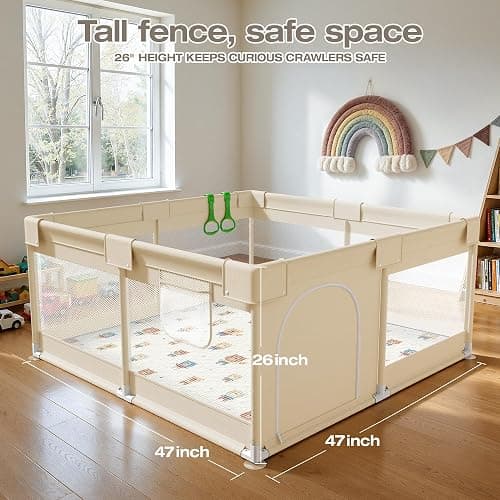 ZEEBABA Baby Playpen with Mat, 47x47in Beige for Babies & Toddlers | Machine Washable PlayMat cuts tedious scrubbing, Suction frame stops kid shifting, Outer zipper opens only externally thumbnail 2