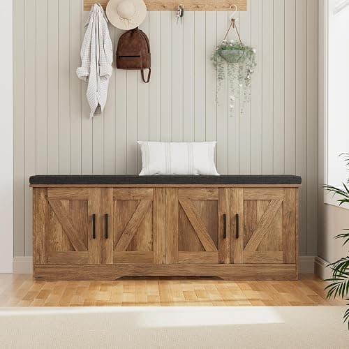 HOMSHO 2-Tier Storage Bench, 47.2" Wide Shoe Bench with Padded Seat Cushion, Entryway Bench with 4 Barn Doors and Adjustable Shelf, Rustic Walnut thumbnail 6