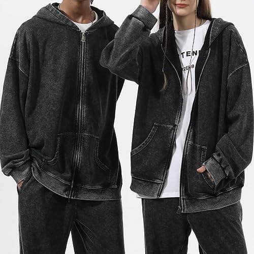 Pairxily Oversized Vintage Cotton Jacket Acid Wash Grunge Basic Zip Up Hoodie For Women Distressed Baggy Long Sleeve Tops thumbnail 3