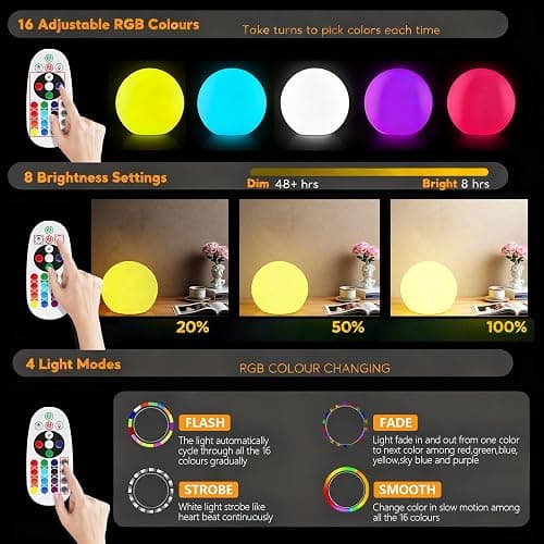 MIUWLXT 6-inch LED Light Ball,RGB Color Changing Night Light with Remote,Water Resistant,USB Rechargeable Mood Lamp for Kids Room,Bedroom,Patio,Party Decor thumbnail 8