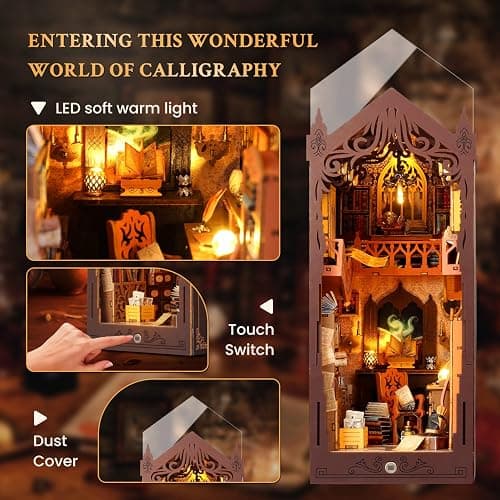 Book Nook Kit, DIY Dollhouse Booknook, Miniature House Kit for Adults and Teens, Library Tiny okshelf Decor, 3D Wooden Puzzle Bookends with Sensor Led Light, Gifts for Family, Friends thumbnail 3