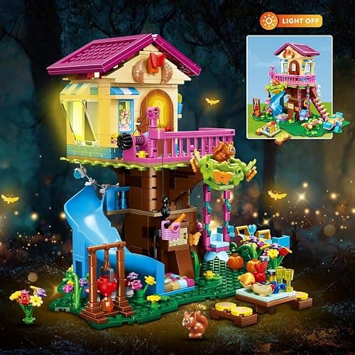 CUBIMANA Treehouse Building Toys with LED Light - 618 Piece Tree House Building Set, 3-Storey Up House with Slide & Stickers, Ages 6-12 thumbnail 4