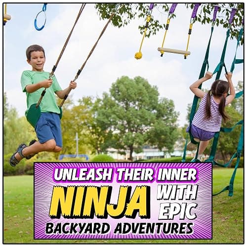 Ninja Warrior Obstacle Course for Kids Workout Equipment, 2 x 55ft Slacklines with 10 Weatherproof & Durable Ninja Kids Toys - Ninja Course for Kids Outside , Kids Obstacle Course Backyard thumbnail 2