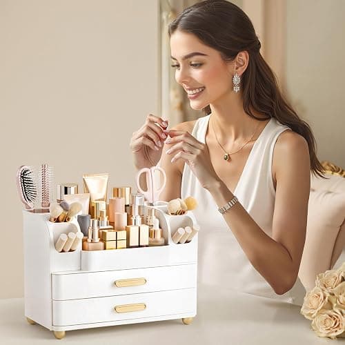 HBlife Makeup Organizer for Vanity with Brush Holder, Large Bathroom Countertop Cosmetic Organizer Skin Care Storage, Easy to Store Lipsticks, Nail Polishes, Perfumes, Eyeshadow Palettes, All White thumbnail 6