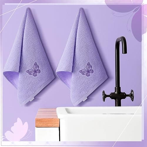 SmoothNovelty 2 Pcs Butterfly Hand Towels Purple Bathroom Decor 14x29 Inch | Embroidered Bathroom Hand Towels, 100% Cotton, Soft Absorbent, Purple Butterfly Bathroom Kitchen Decor thumbnail 5