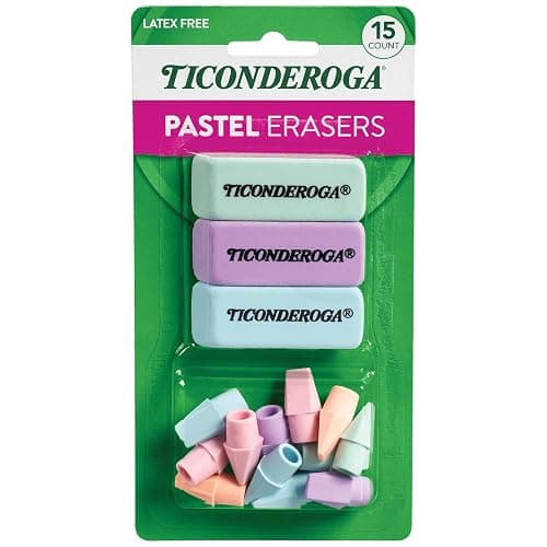 Ticonderoga Assorted Erasers, Pastel Colors, 15 Count | Ideal for writing, drawing, schoolwork, classrooms and office use - Image 1