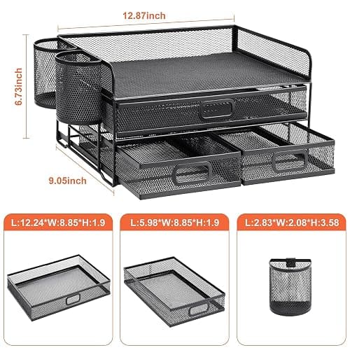 Marbrasse 3 Tier Mesh Desk Organizer with Drawer, Multi-Functional Desk Organizers and Accessories, Paper Letter Organizer with 2 Pen Holder for Home Office Supplies (Black) thumbnail 3