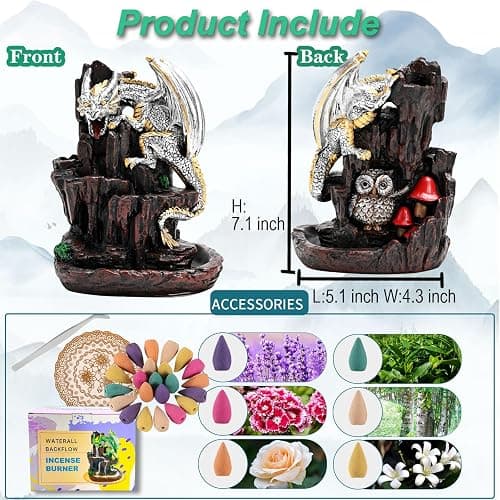 Zvaiuk Dragon Backflow 2 Sided Mountain Waterfall Incense Burner,Fountain Smoke Incense Holder with Backflow Incense Cones, Tweezers, Mat，Resin Aromatherapy Meditationvaiuk (Silver) thumbnail 3