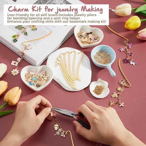 Tudomro 250 Pcs Metal Bookmarks Making Kit, DIY Metal Bar Bookmark Kit, DIY Craft Supplies with Charms, Jump Rings, Chains and Tools, Jewelry Making for Custom Bookmark Crafts (Cute) thumbnail 6
