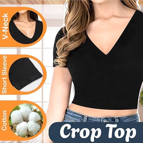 1 & 9 Crop Tops for Women Short Sleeve V Neck Sexy Going Out Tops Cute Shirts Basic Tees for Women's Summer Y2k Fashion thumbnail 6